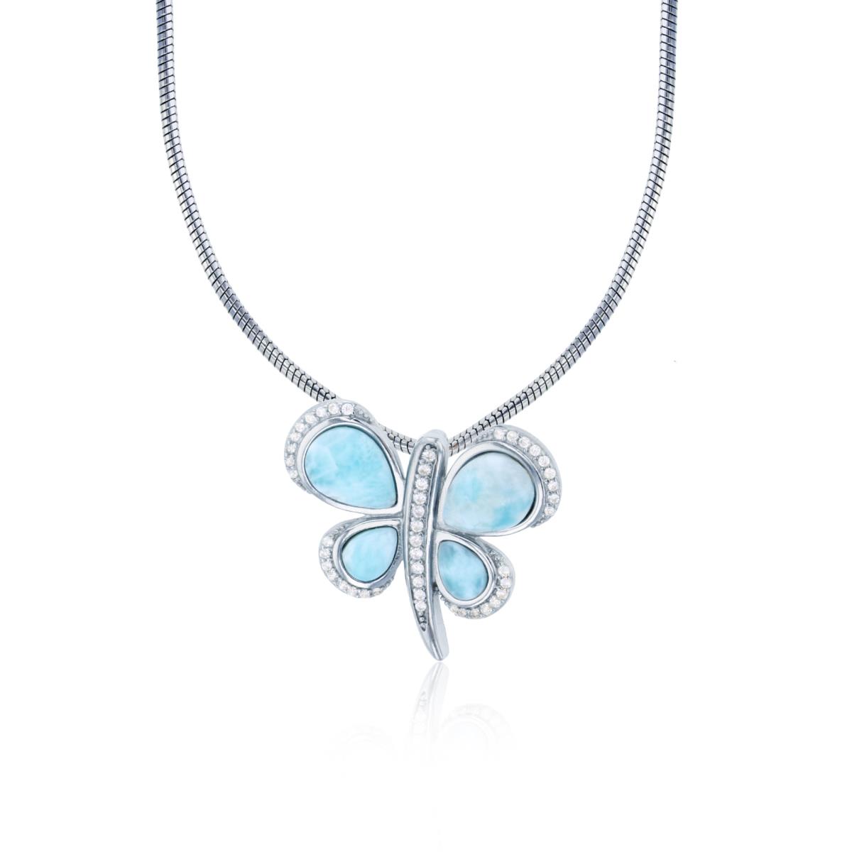 Sterling Silver Rhodium CZ & Larimar Butterfly 22" Round Snake Adjustable Necklace
