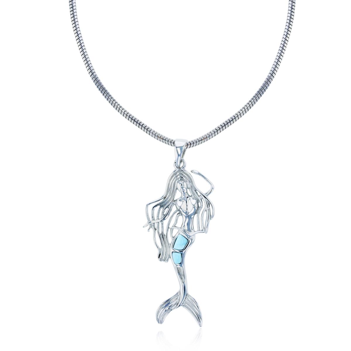 Sterling Silver Rhodium Larimar Mermaid 22" Round Snake Adjustable Necklace