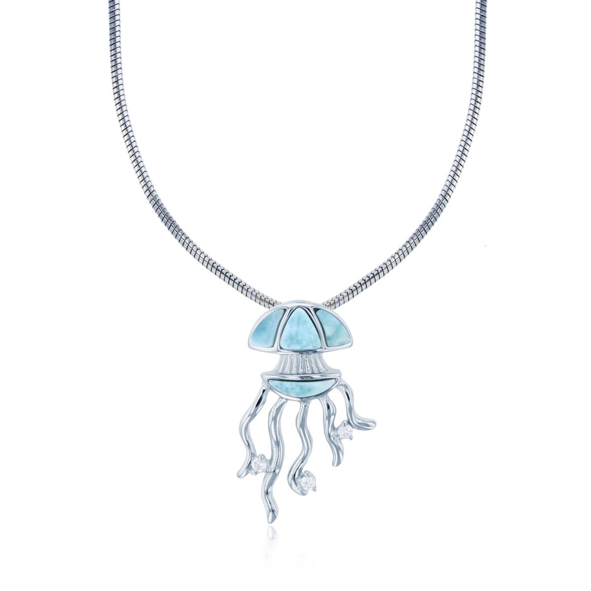 Sterling Silver Rhodium Larimar Jellyfish 22" Round Snake Adjustable Necklace