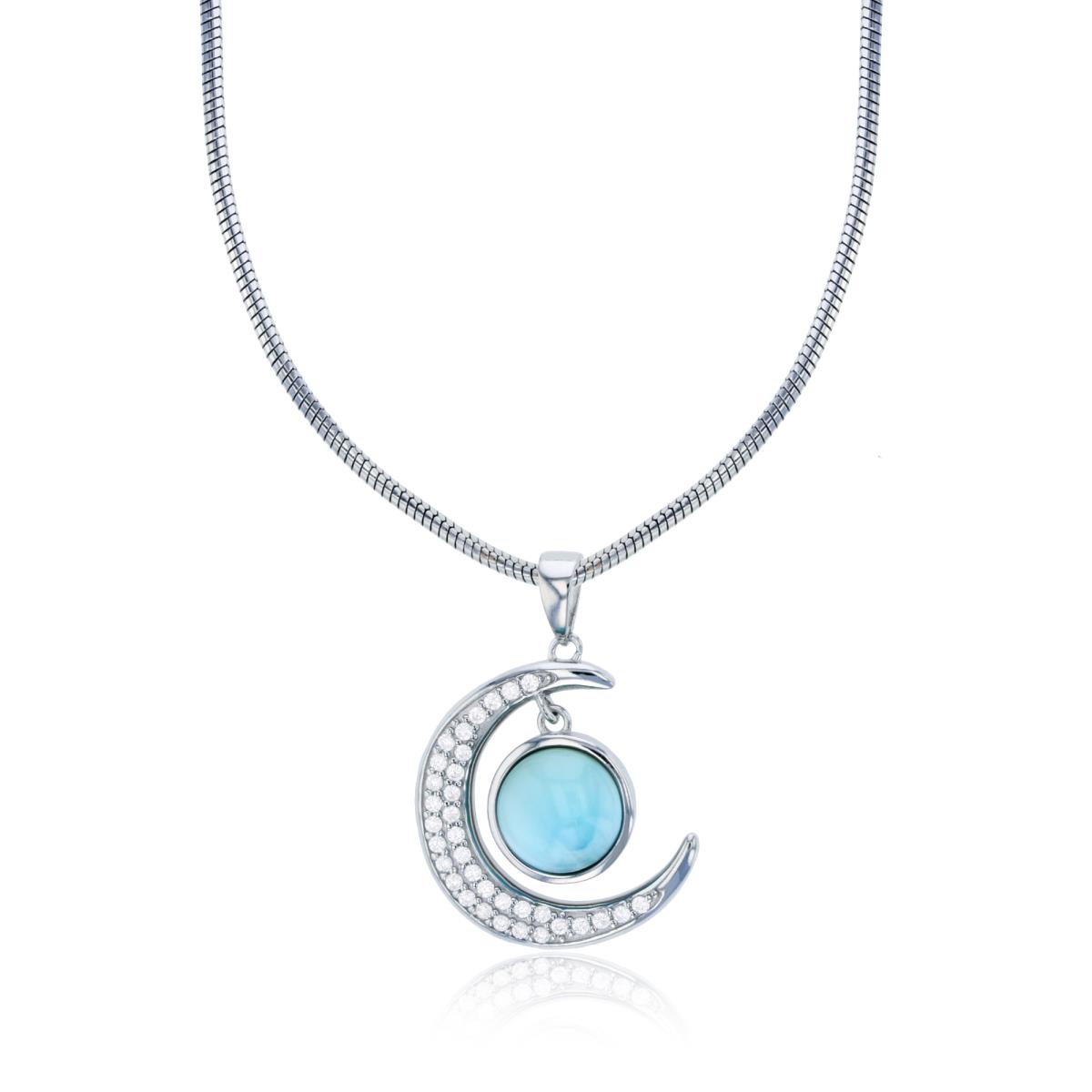 Sterling Silver Rhodium CZ & Larimar Crescent Moon 22" Round Snake Adjustable Necklace