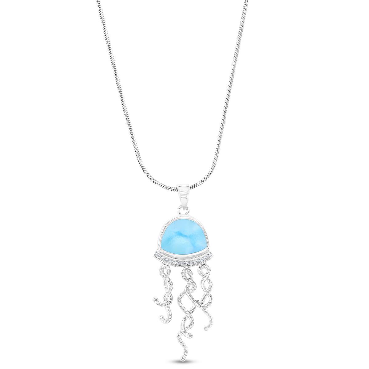 Sterling Silver Rhodium CZ & Larimar Dangling Jellyfish 22" Round Snake Adjustable Necklace