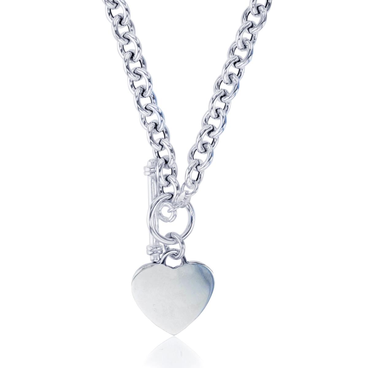 Sterling Silver Silver Plated Rolo Dangling Heart Plate 17" Necklace with Toggle