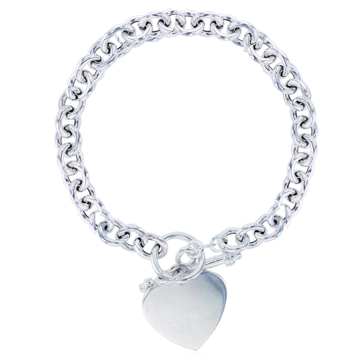 Sterling Silver Silver Plated Rolo Dangling Heart Plate 8" Bracelet with Toggle