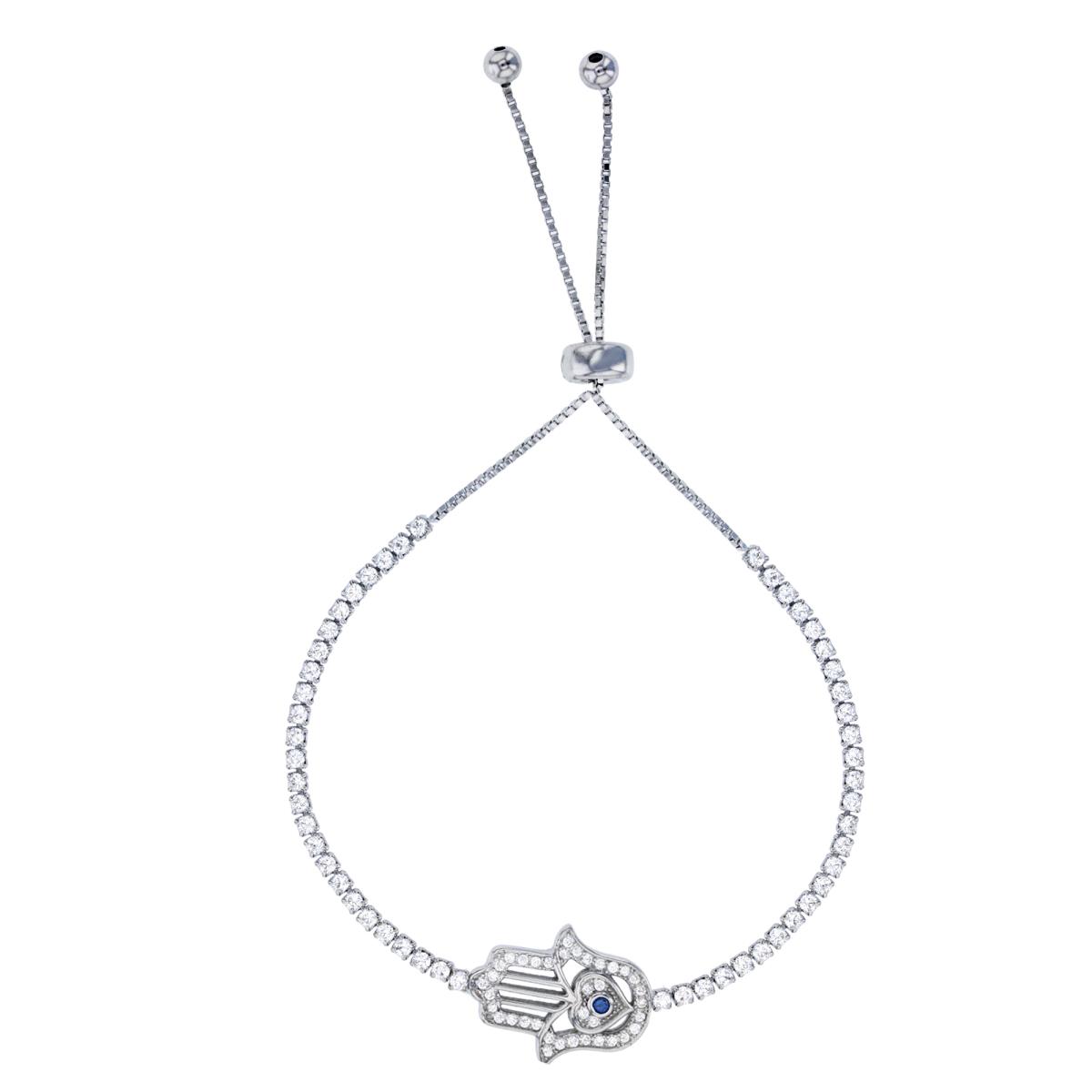 Sterling Silver Rhodium Sapphire and White CZ Heart Hamsa Adjustable Tennis Bracelet