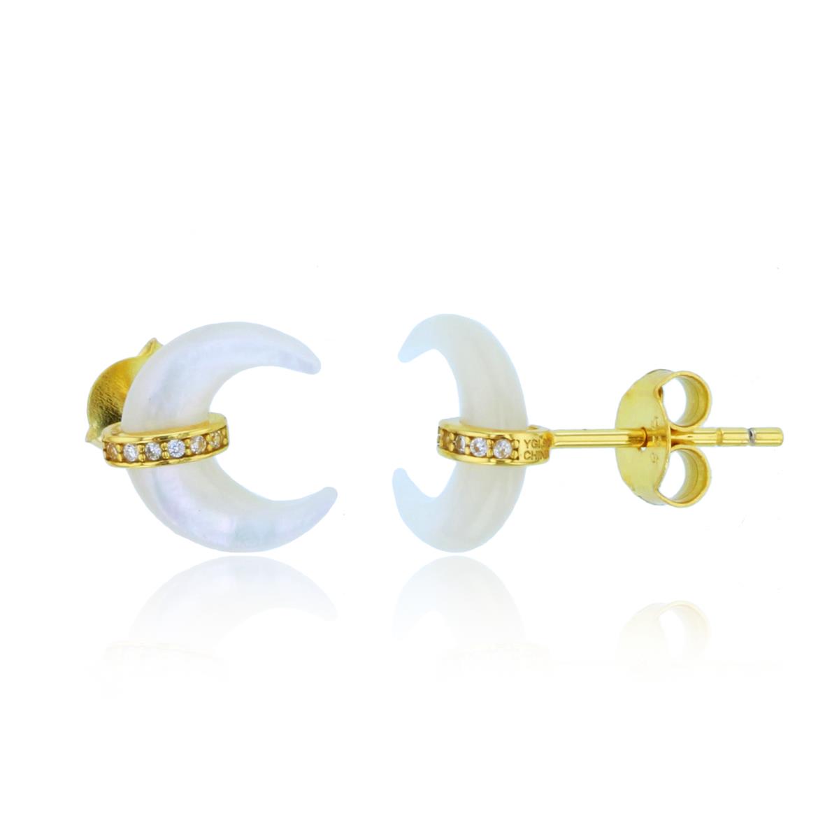 Sterling Silver Yellow 10mm  Cresent Moon Inlay Mop & Rnd CZ Stud Earring