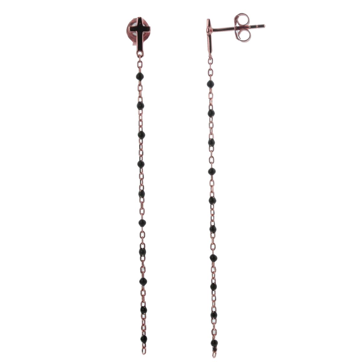 Sterling Silver Rose Black Enamel 67x4.5mm Beads Dangling Earring