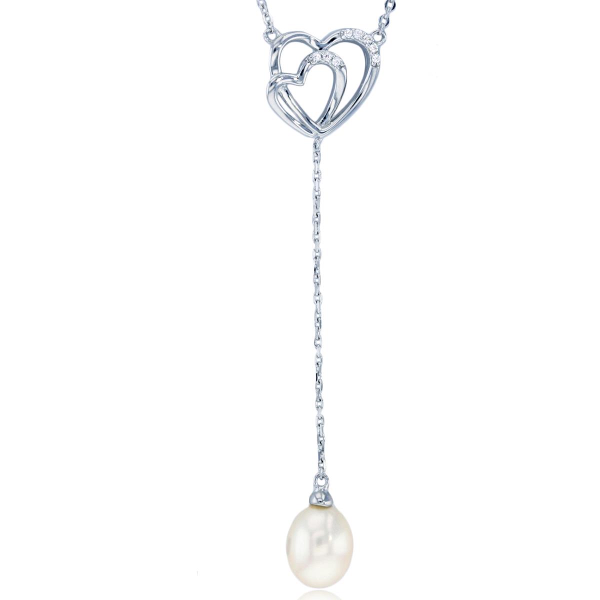 Sterling Silver Rhodium Diamond Accent 0.04ctw & 10x8mm TD Pearl  Double Heart Dangling 18"Necklace