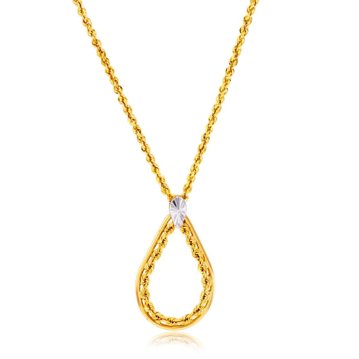 14K Two-Tone Gold Diamond Cut Rope Chain Pear Pendant 17" Necklace