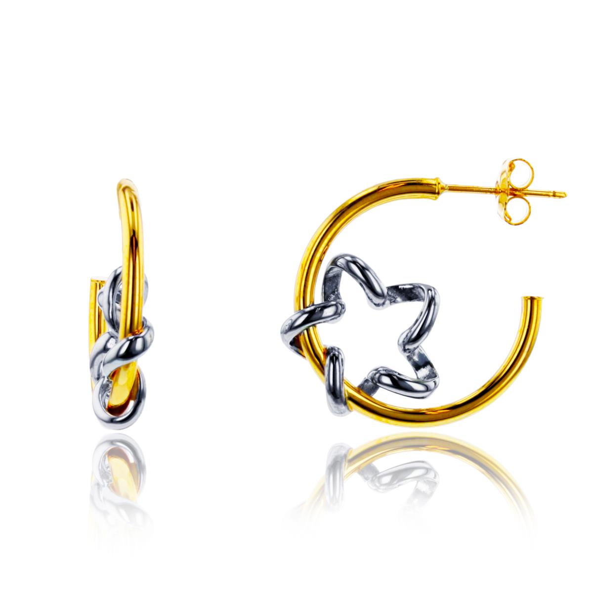 14K Gold Two-Tone Star on 22X3mm Open Tubing Hoop Earring