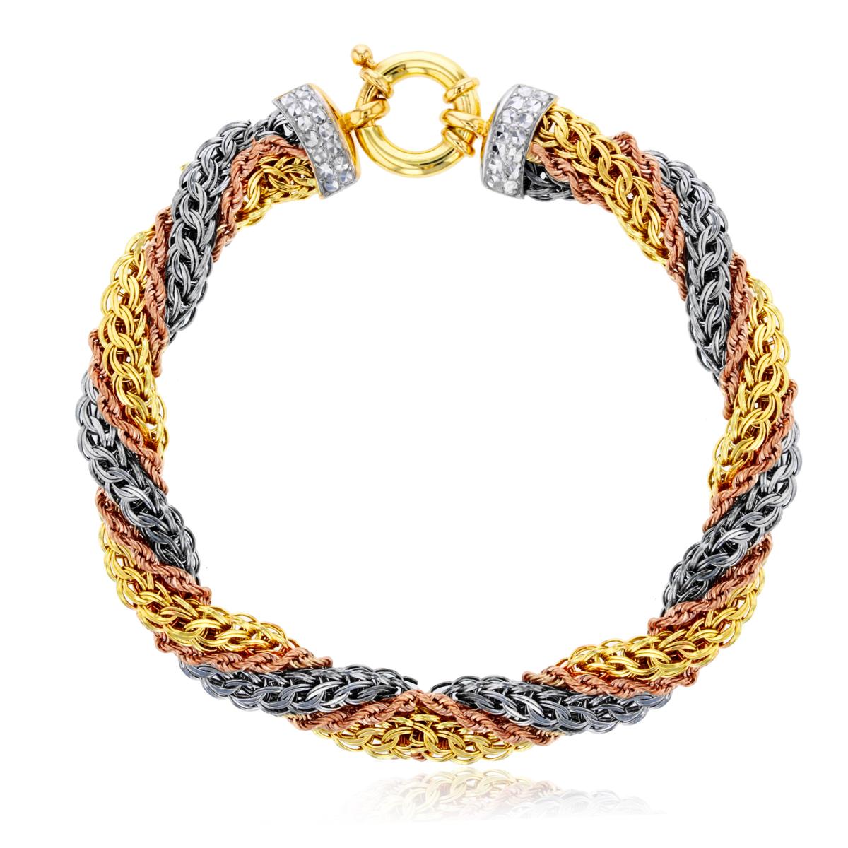 14K Tri-Color Gold 8.20mm Multi Chain Twist 7.5" Bracelet