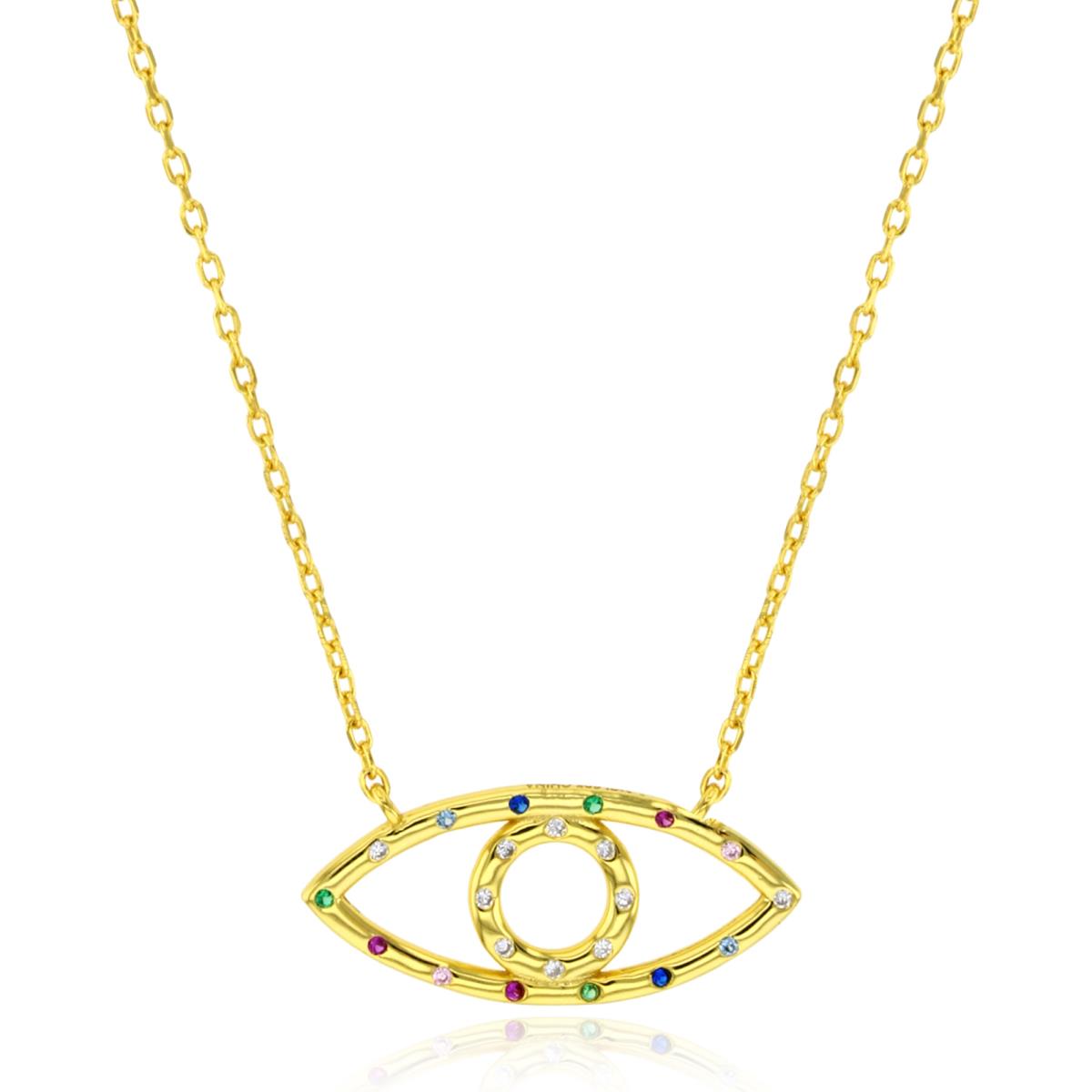 Sterling Silver Yellow Rnd Multicolor CZ Evil Eye 16"+2"Necklace