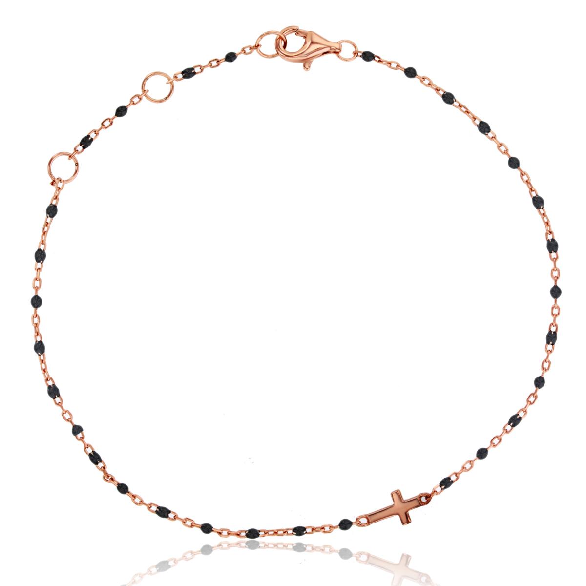 Sterling Silver Rose Black 10x5mm Enamel Beads & Crosses Chained 6.5"+1"Bracelet