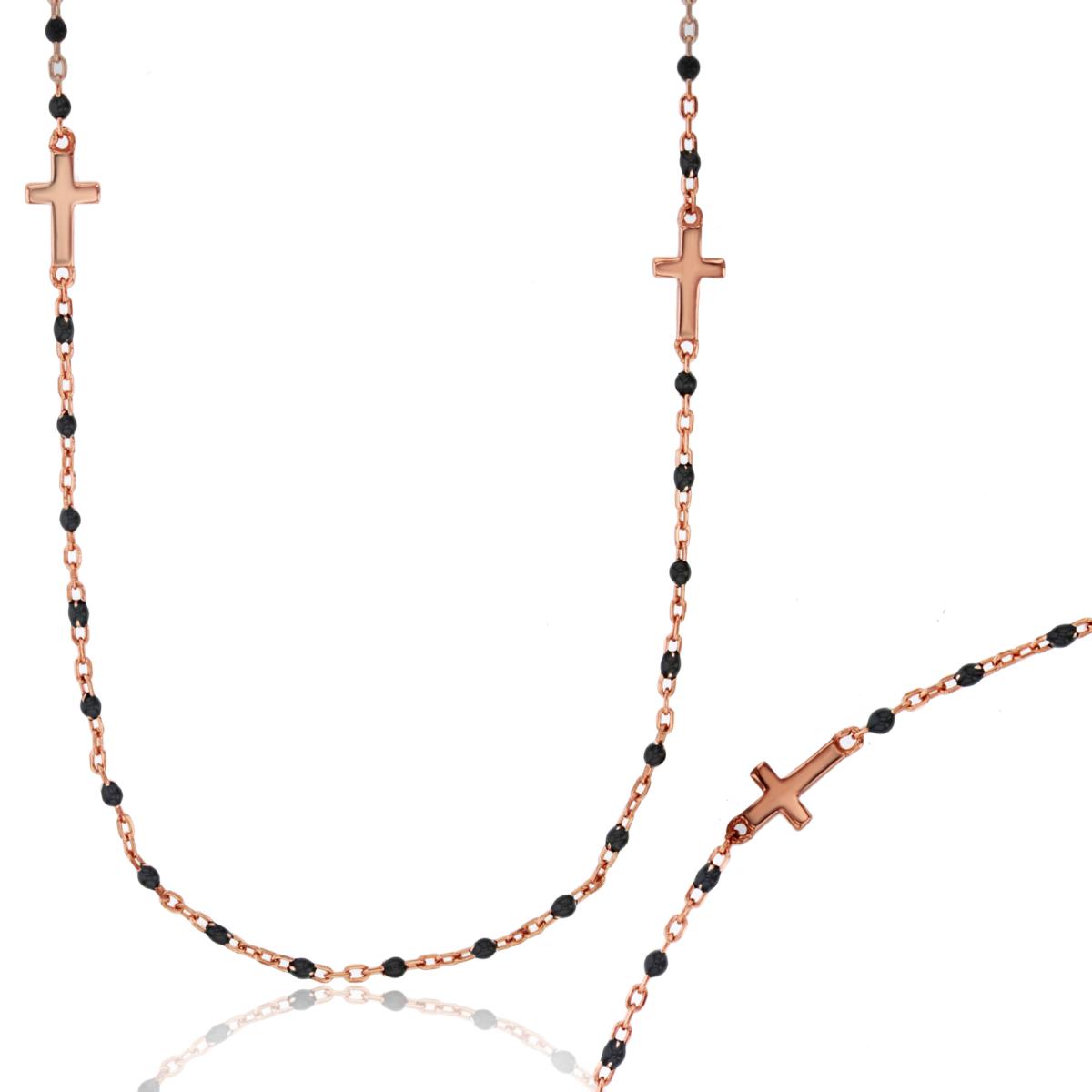 Sterling Silver Rose 10x5mm  Black 10x5mm  Enamel Beads & Crosses Chained 16"+2"Necklace