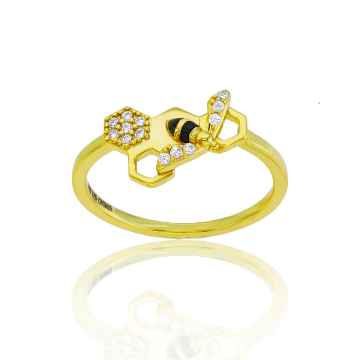 Sterling Silver Yellow 8mm Rnd CZ & Black Enamel Honeycomb Bee Ring