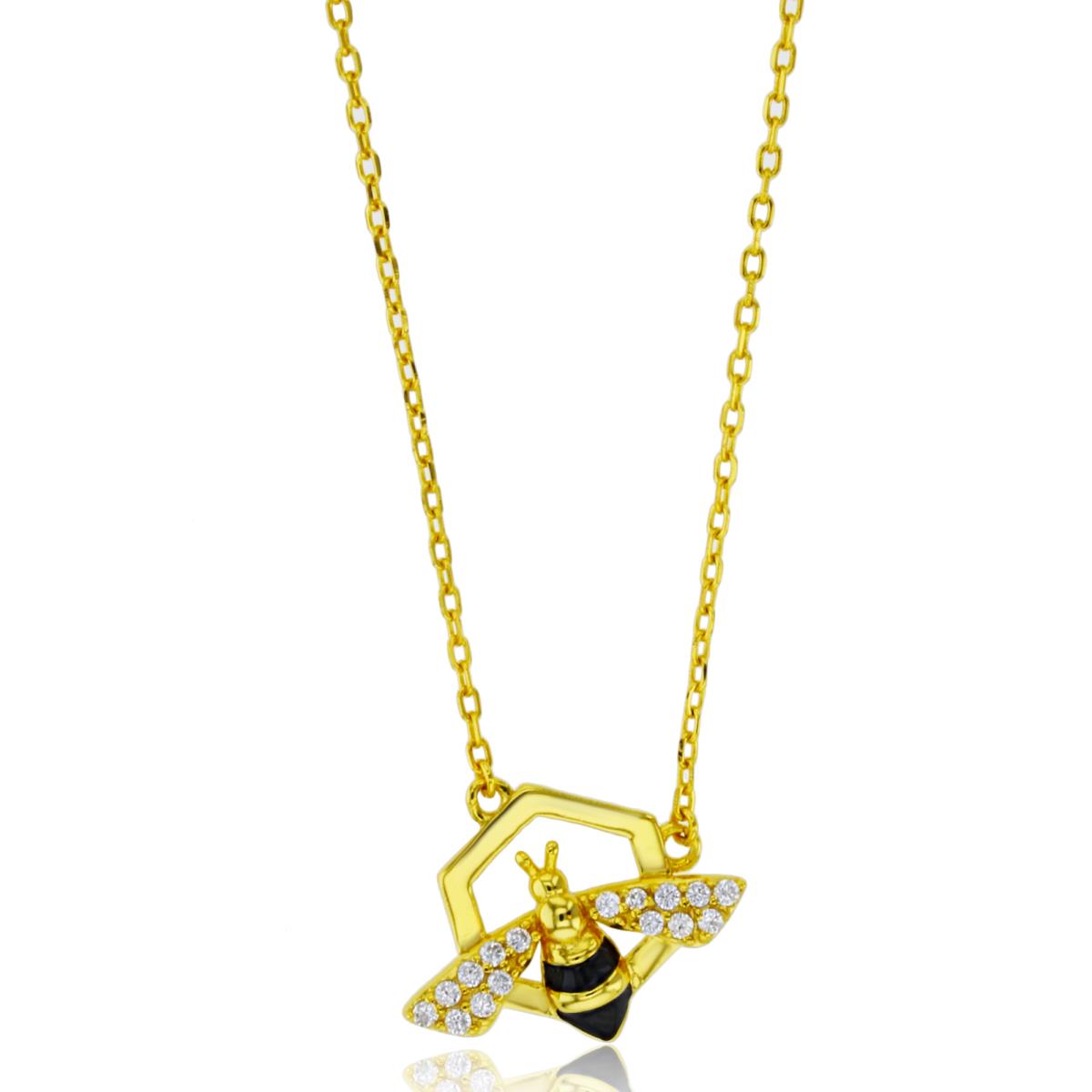 Sterling Silver Yellow 16x12mm  Rnd CZ & Black Enamel Bee on Hexagon 16"+2"Necklace