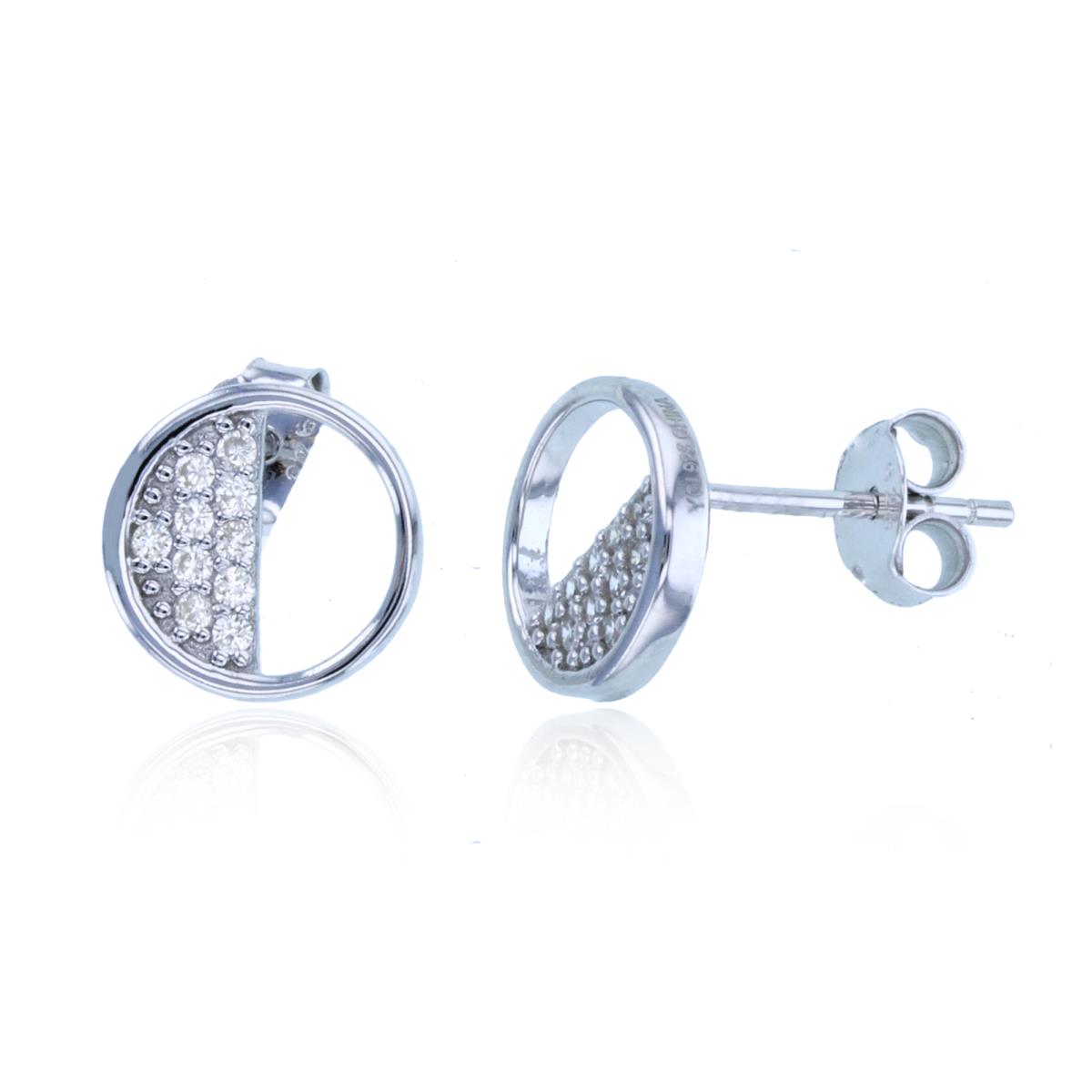 Sterling Silver Rhodium Rnd CZ Half Open/Close Pave Circle Stud Earrings