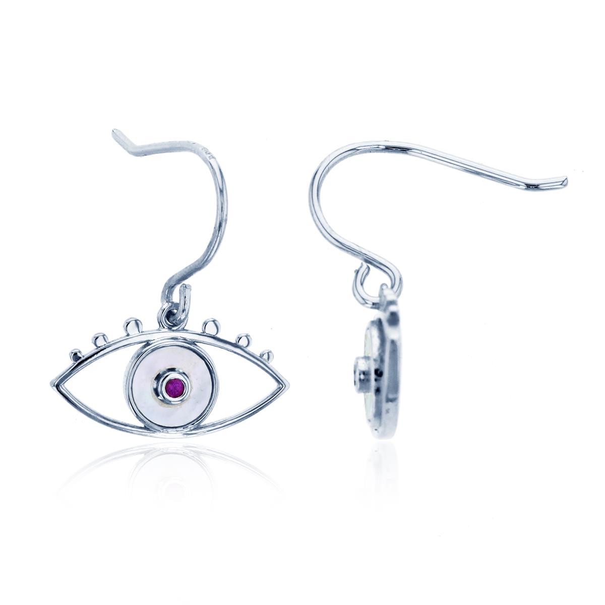 Sterling Silver Rhodium 1.5mm Rnd #5 Ruby CZ & White Mop Evil Eye Dangling Earring