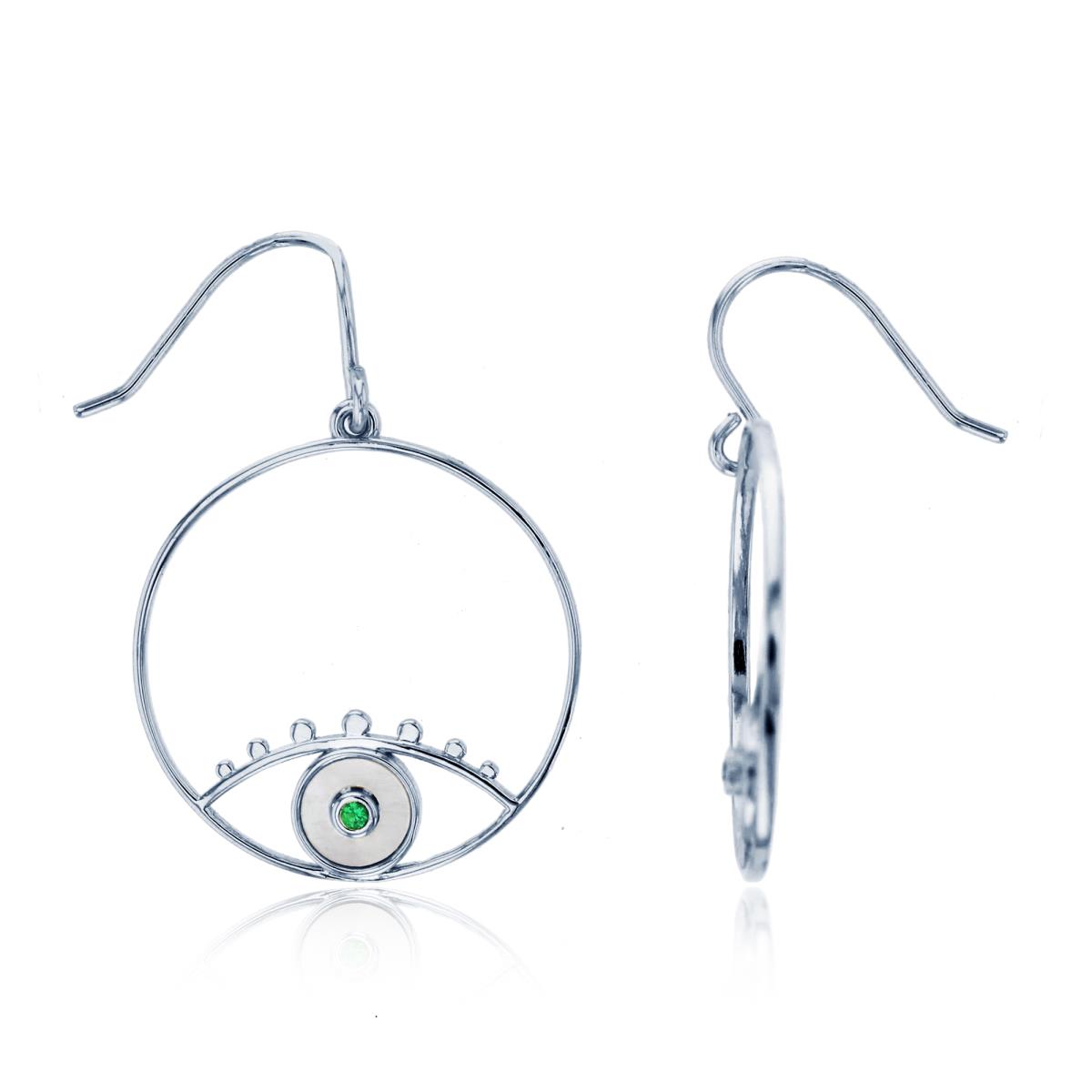 Sterling Silver Rhodium 1.5mm Rnd Emerald CZ & White Mop Evil Eye Dangling Earring