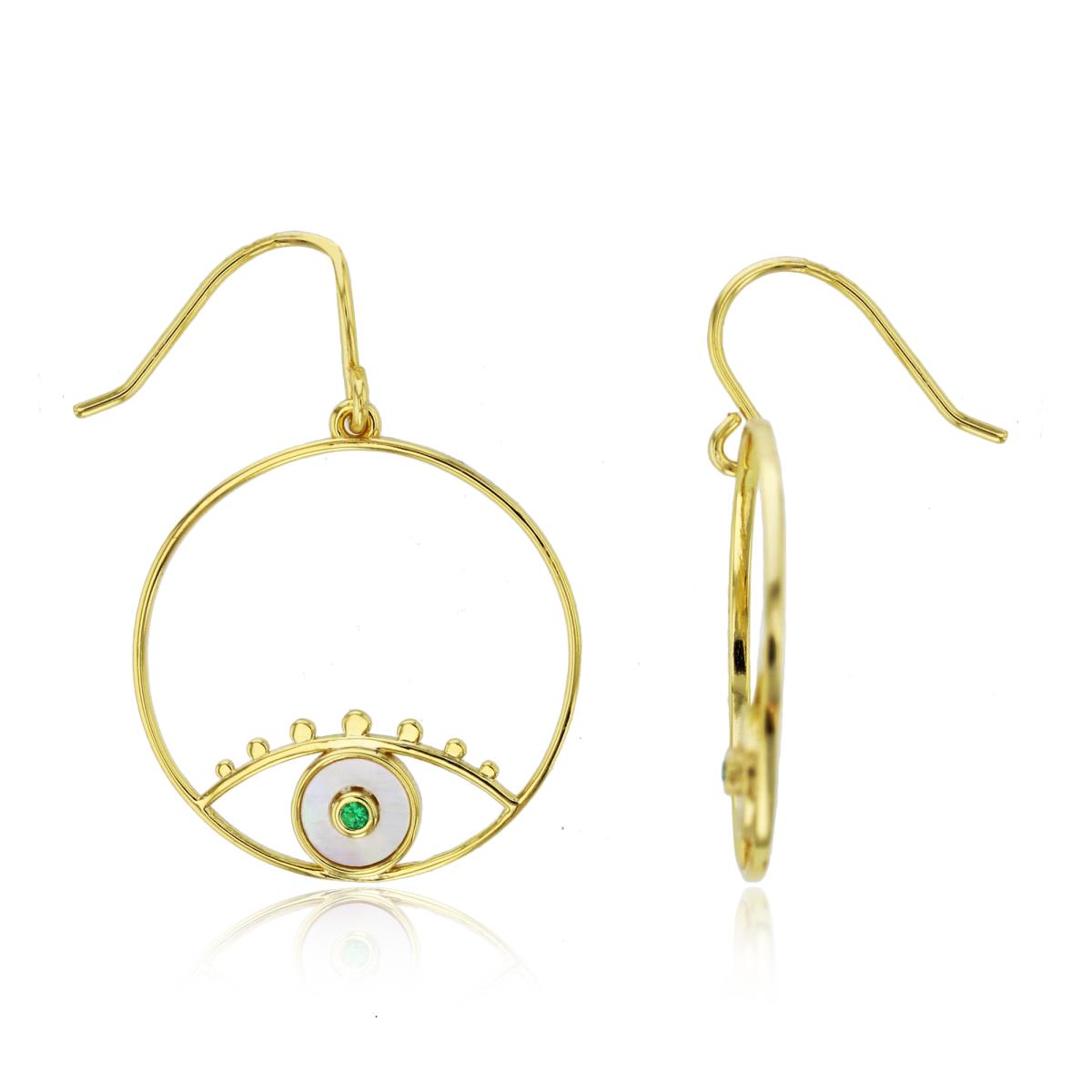 Sterling Silver Yellow 1.5mm Rnd Emerald CZ & White Mop Evil Eye Dangling Earring