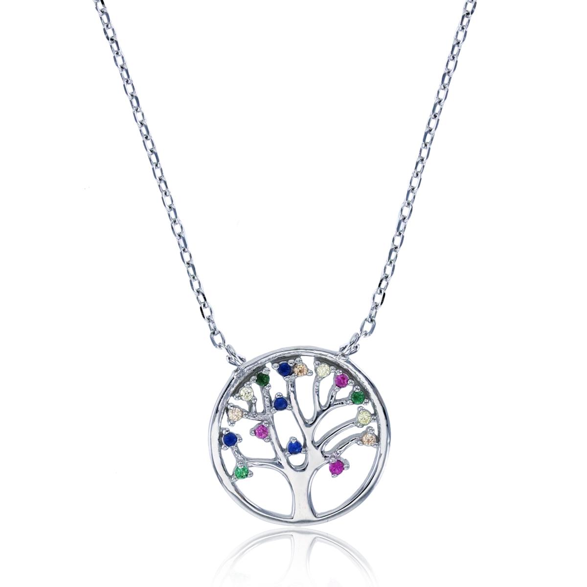 Sterling Silver Rhodium Rnd Multicolor CZ "Tree of Life"18"Necklace