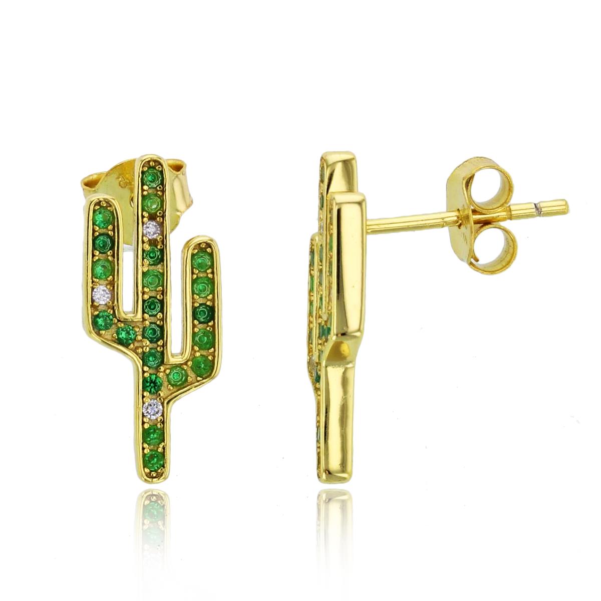 Sterling Silver Yellow Rnd White & Emerald CZ "Cactus"Stud Earrings