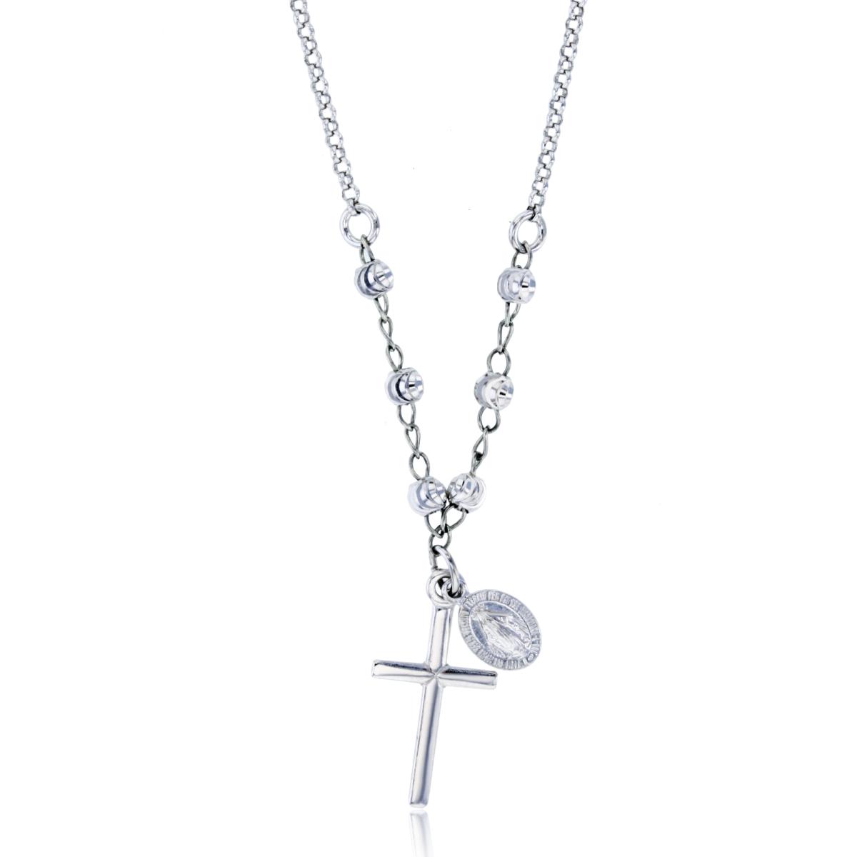 Sterling Silver Rhodium Cross & Virgin Mary DC Bead 18" Rosary Necklace