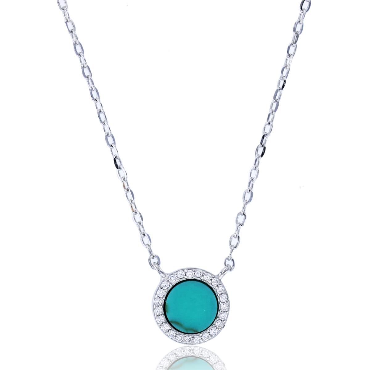 Sterling Silver Rhodium 5mm Rnd Turquoise & White CZ Circle 16"+2"Necklace