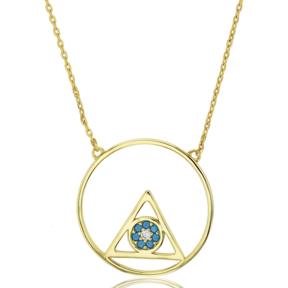 Sterling Silver Yellow Rnd White CZ & Turquoise Flower in Open Trill/Circle 16"+2"Necklace