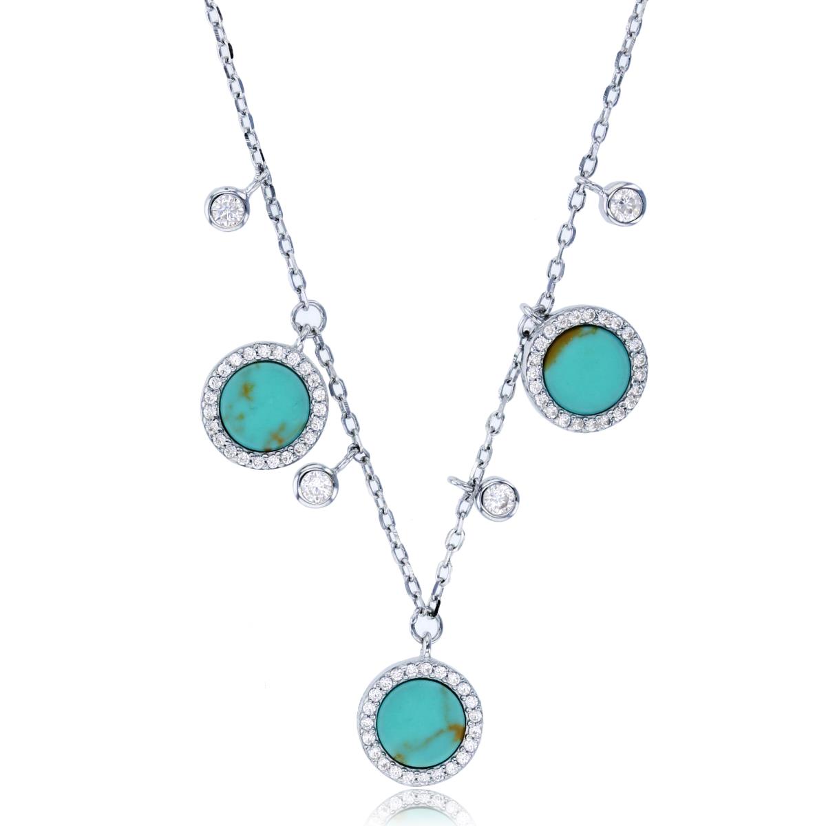 Sterling Silver Rhodium Rnd Turquoise & White CZ Dangling Circles 13"+2"Necklace