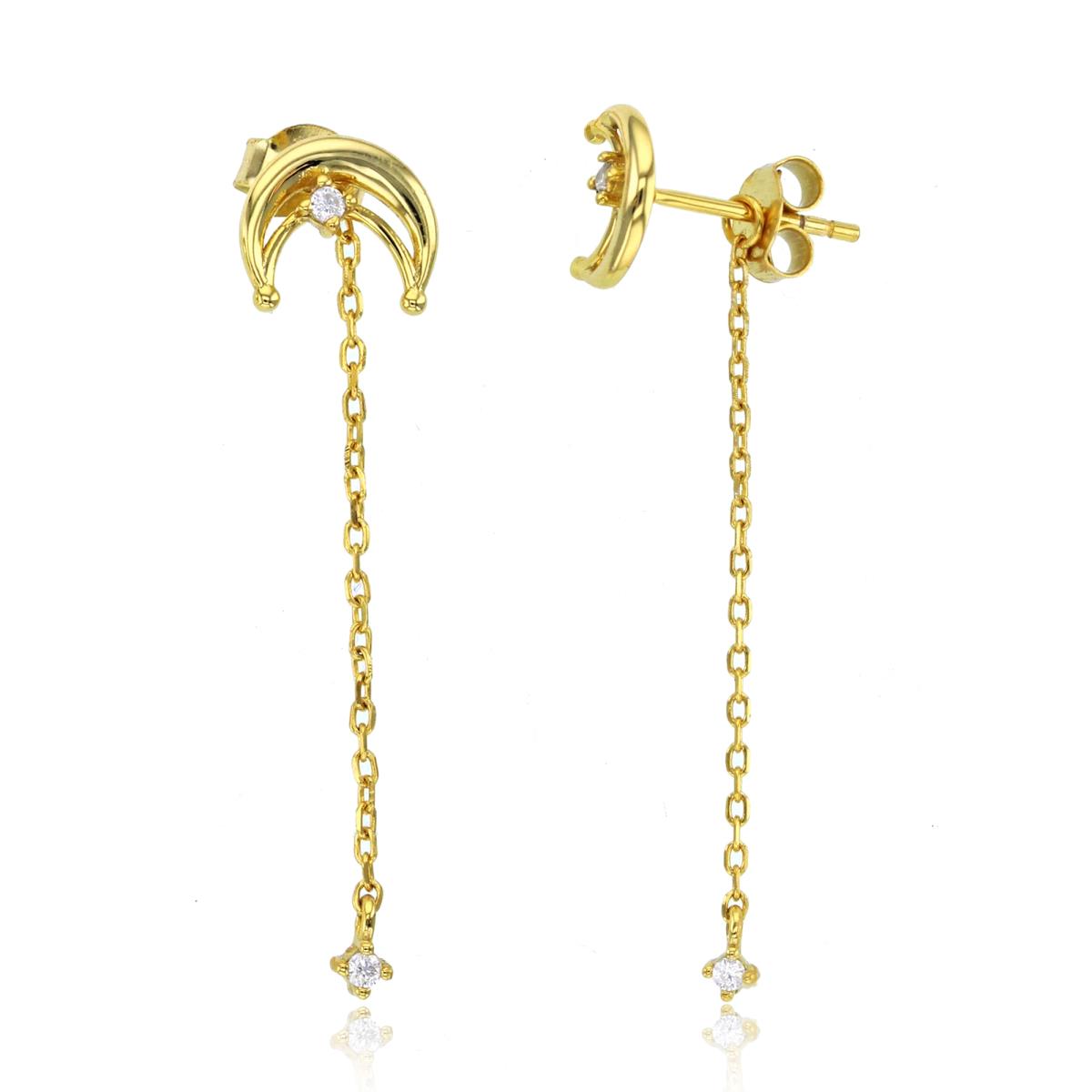 Sterling Silver Yellow Rnd CZ Moon Stud with Dangling Chain Earring