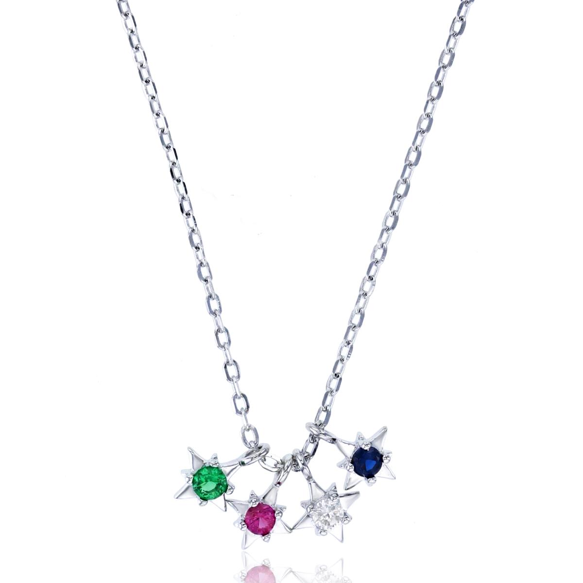 Sterling Silver Rhodium Rnd Multicolor Dandling Stars 16"+2"Necklace