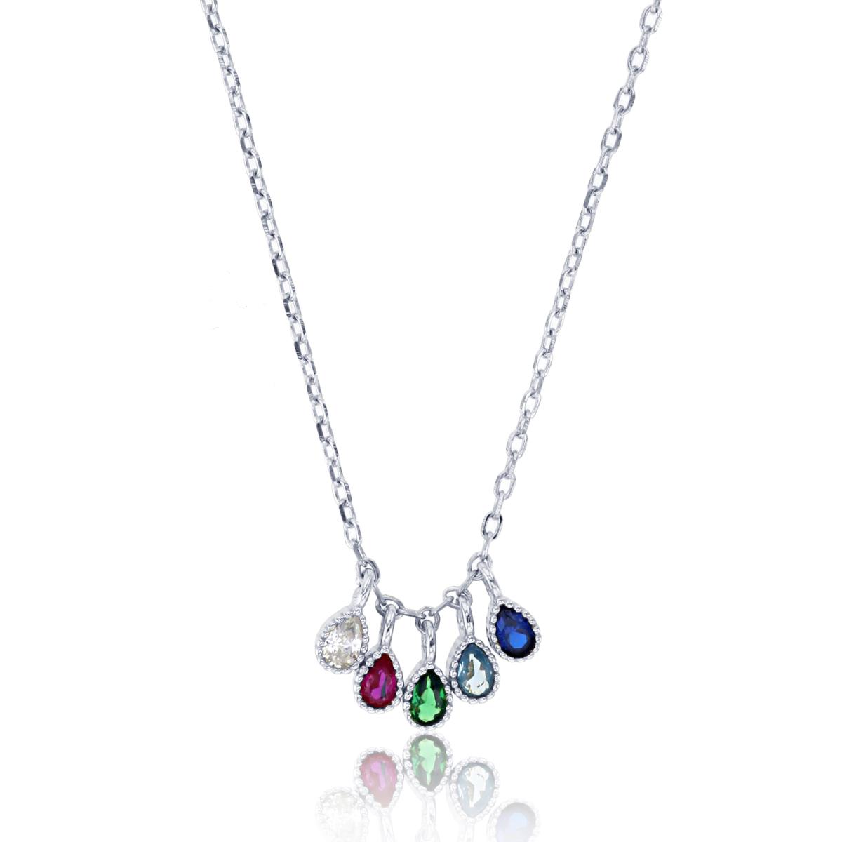 Sterling Silver Rhodium PS-shape Multicolor CZ Millgrain Bezel Danglings 16"+2"Necklace