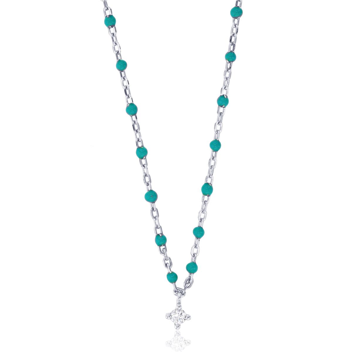 Sterling Silver Rhodium Rnd CZ Drop Turquoise Enamel Beaded 16"+2"Necklace