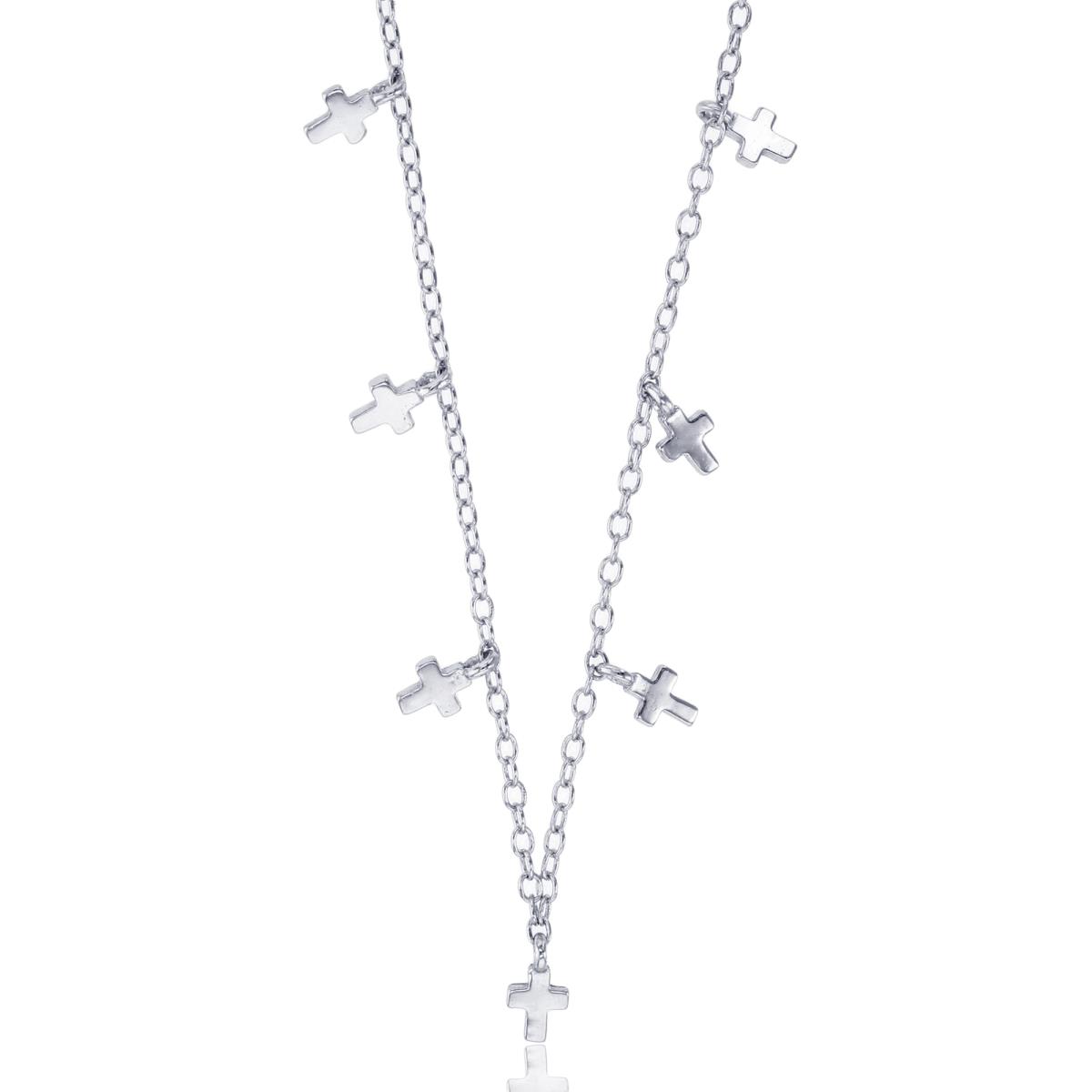 Sterling Silver Rhodium High Polished Cross Charms Dangling 16"+2"Necklace