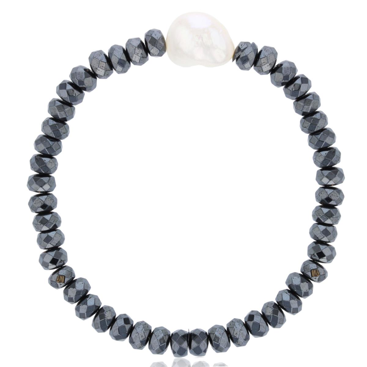 11-12mm Baroque Pearl & 4x6mm Hematite Beads Stretch Bracelet