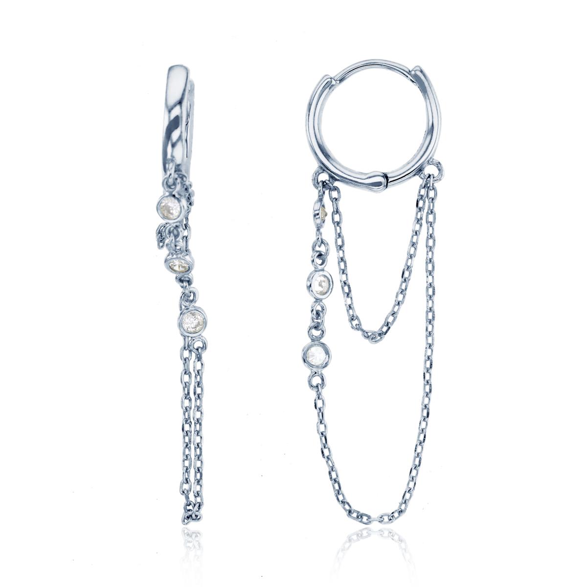 Sterling Silver Rhodium Rnd CZ Bezel on Dangling Chain 43x2mm Huggie Earring