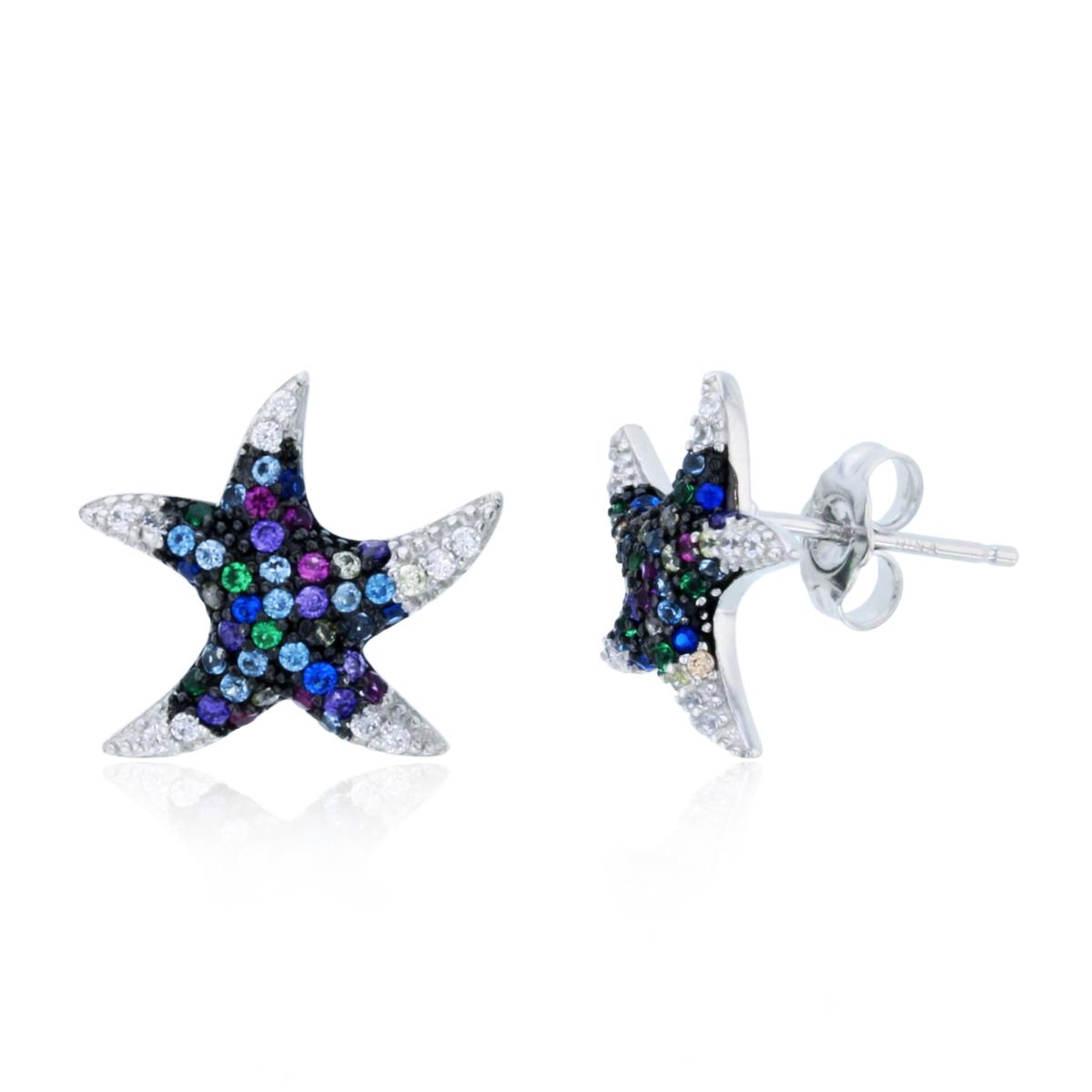Sterling Silver Rhodium Rnd Multicolor CZ Starfish Stud Earring