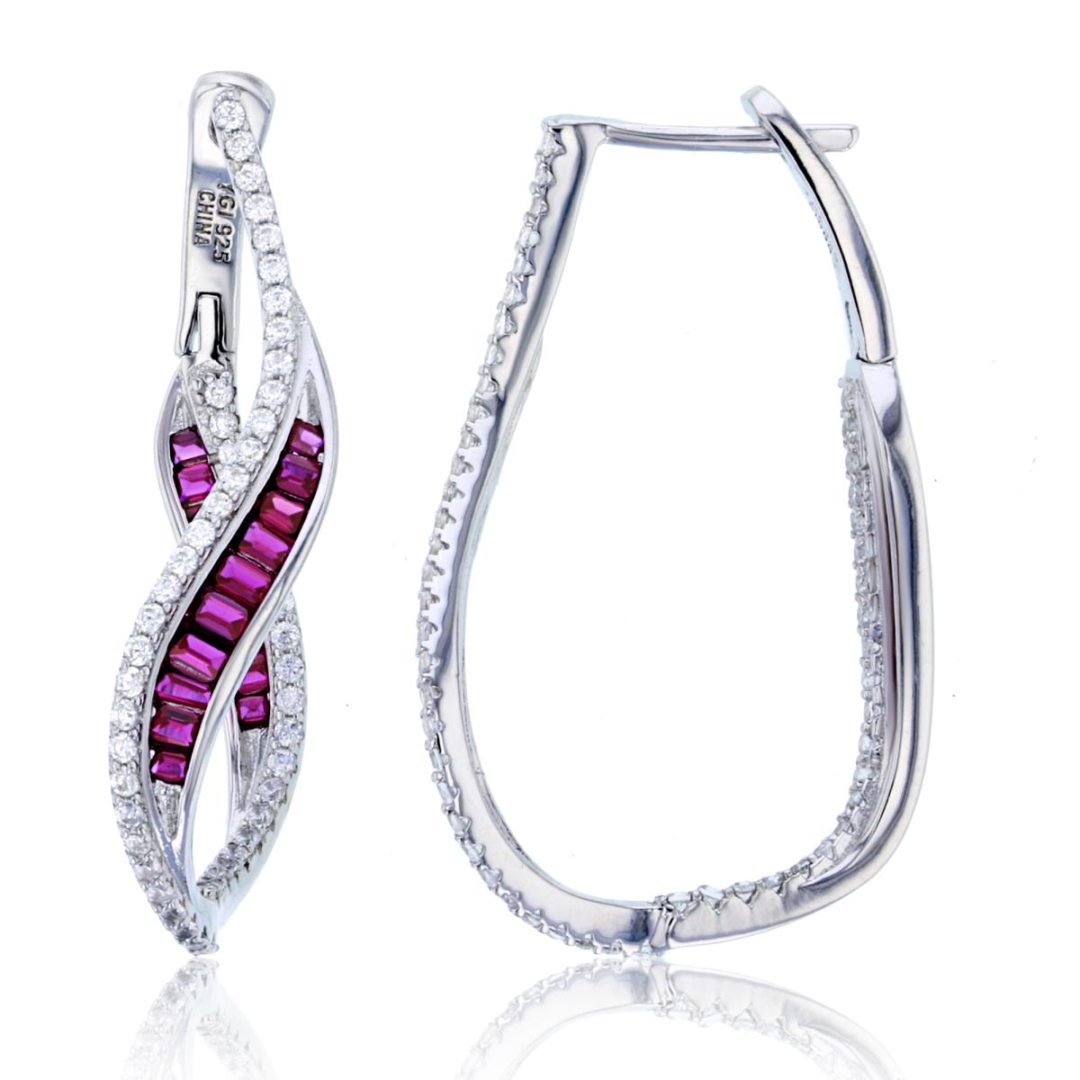 Sterling Silver Rhodium Rnd White & SB/TB #8 Ruby CZ 35X5mm Fancy Twist Hoop Earring