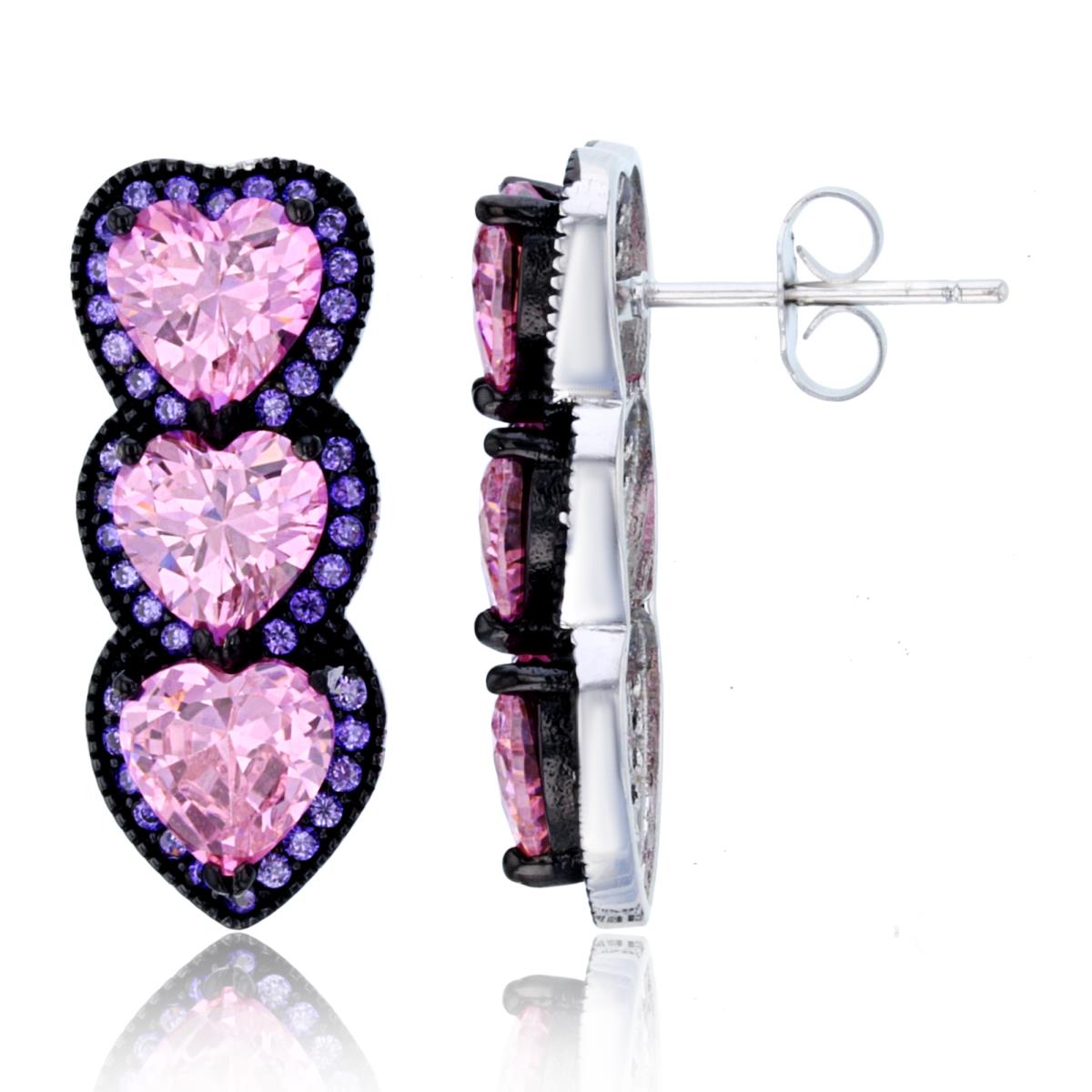 Sterling Silver Two-Tone 7x7mm HS Pink & Rnd Amethyst CZ Split Hearts Vertical Earring