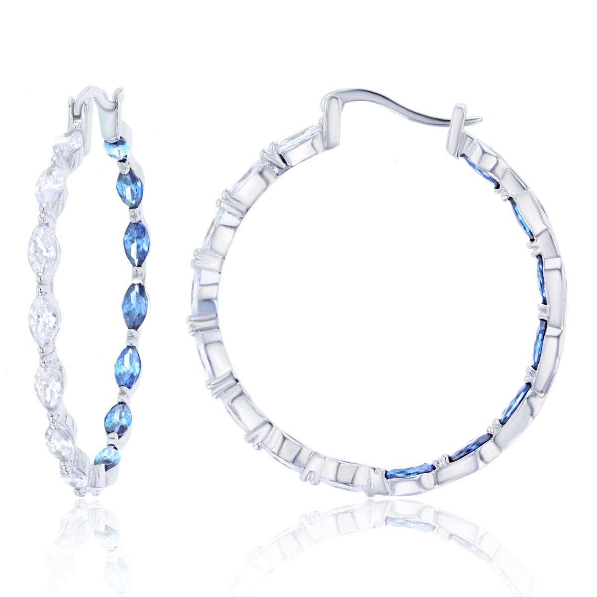 Sterling Silver Rhodium MQ White & London Blue Topaz CZ Row 35X5mm Hoop Earring