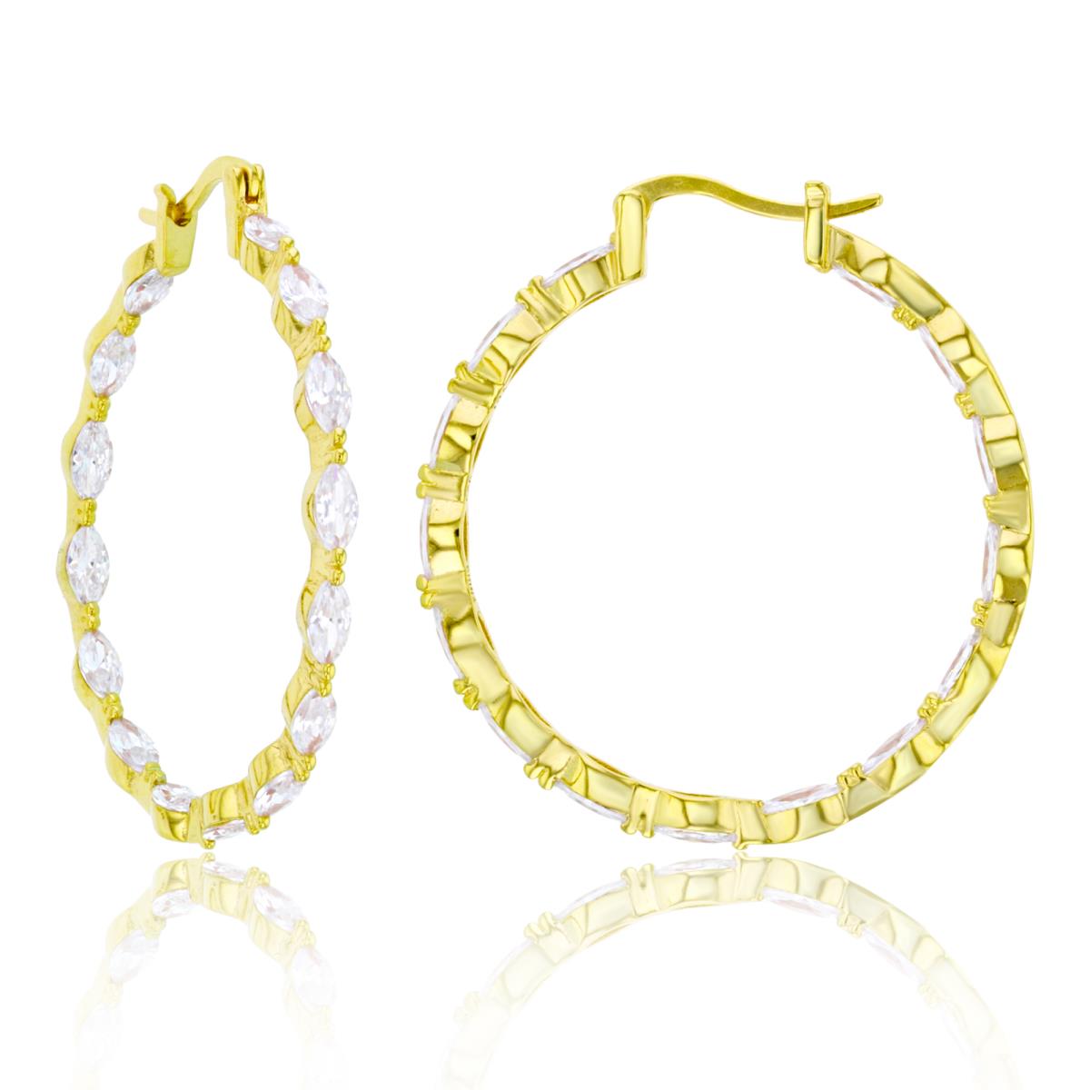 Sterling Silver 1Micron Yellow Gold MQ White CZ Row 35X5mm Hoop Earring