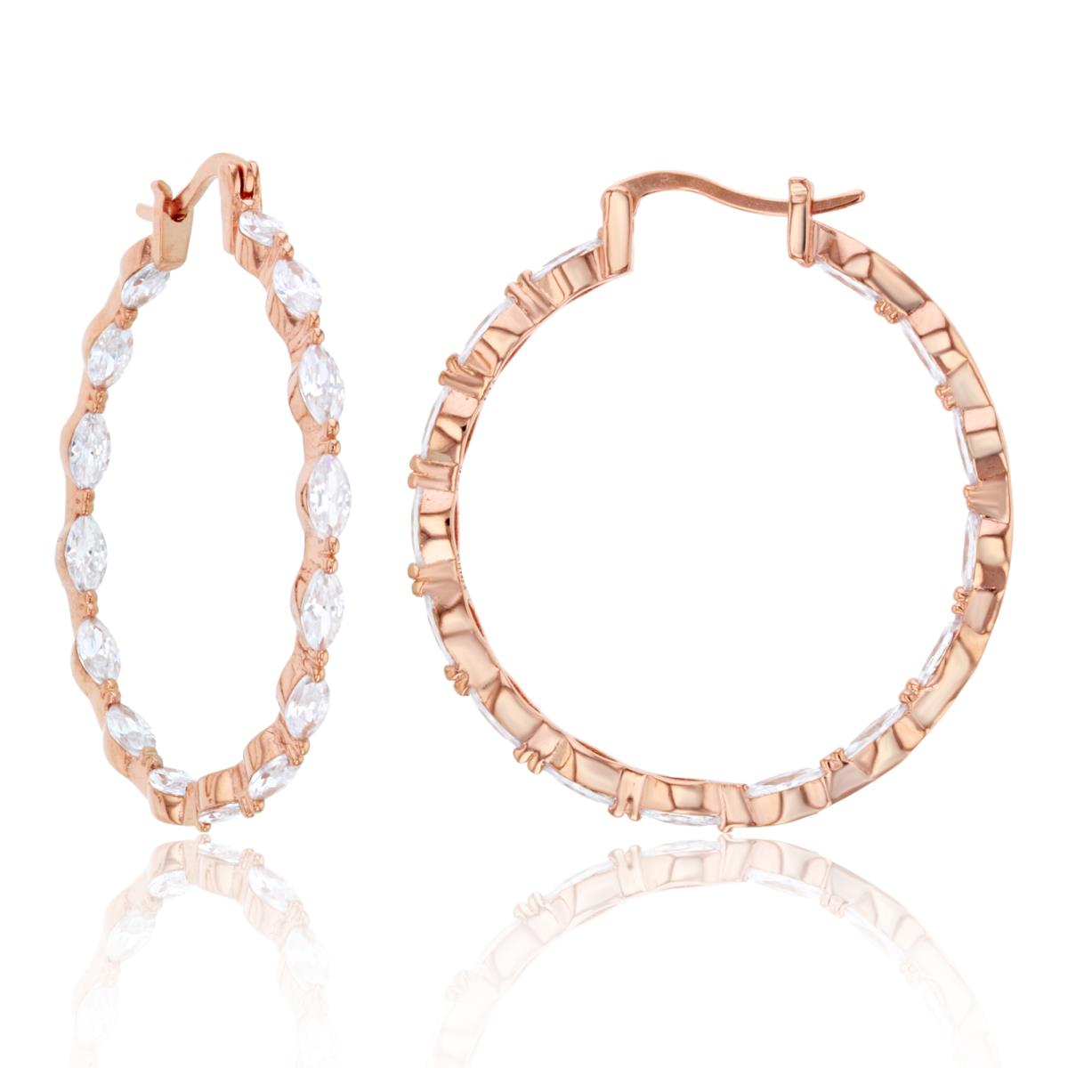Sterling Silver 1Micron Rose Gold MQ White CZ Row 35X5mm Hoop Earring