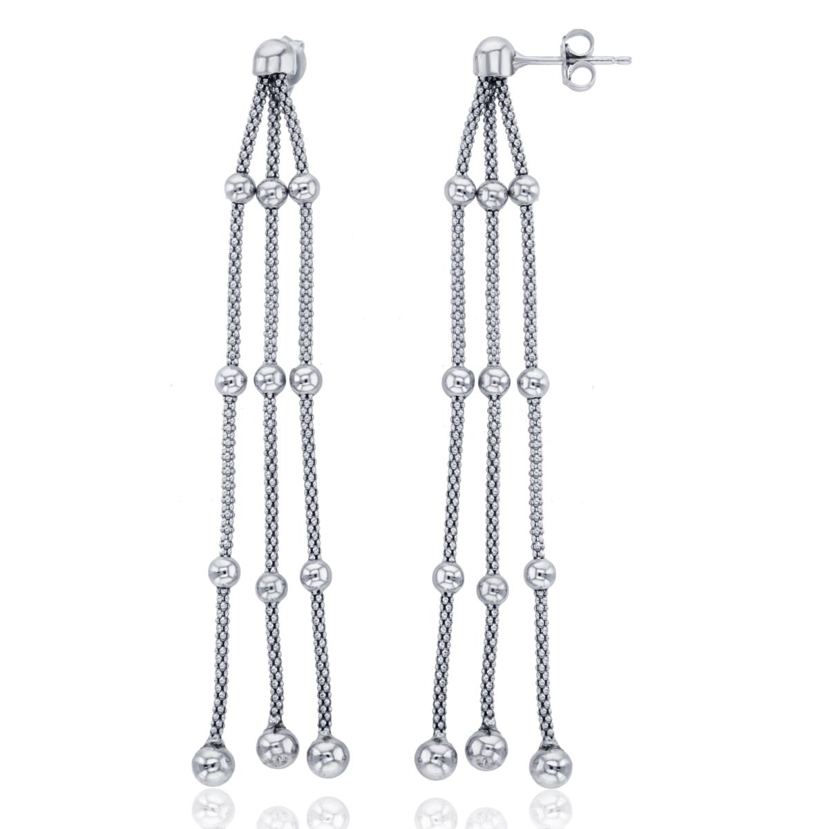 Sterling Silver Rhodium Beaded Triple Popcorn Dangling Earring