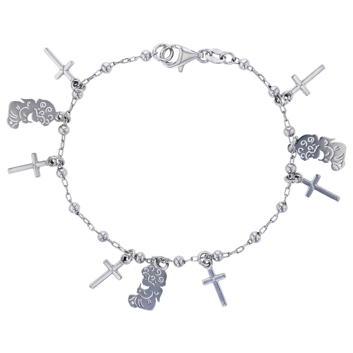 Sterling Silver Rhodium 3mm Beads Dngl Cross/Angel 7.5" Bracelet