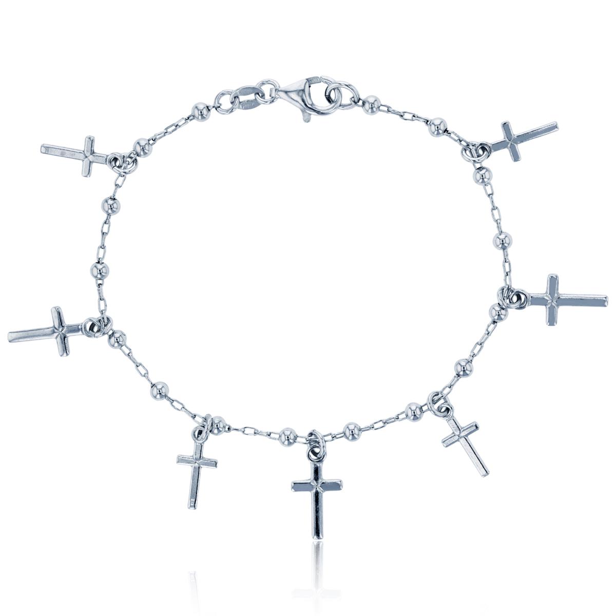 Sterling Silver Rhodium 3mm Beads Dangling Cross 7.25" Bracelet
