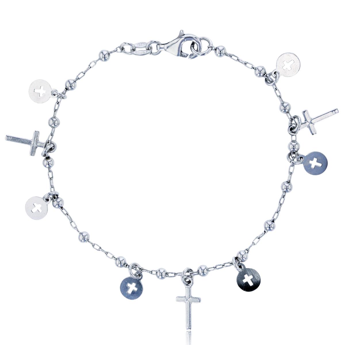 Sterling Silver Rhodium 3mm Beads Dangling Cross/ Cross Cutout 7.5" Bracelet