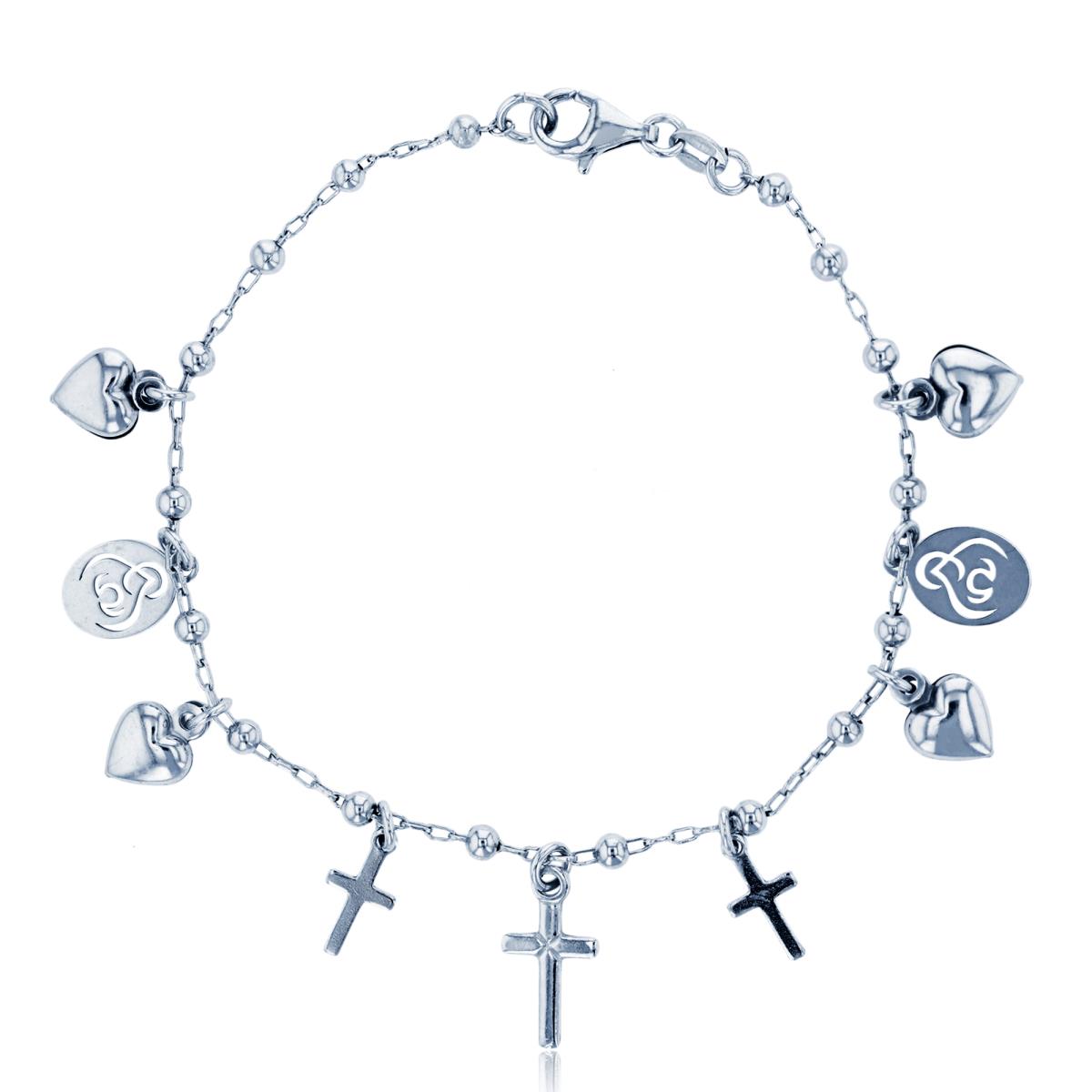 Sterling Silver Rhodium 3mm Beads Dangling Cross/ Hearts 7.5" Bracelet