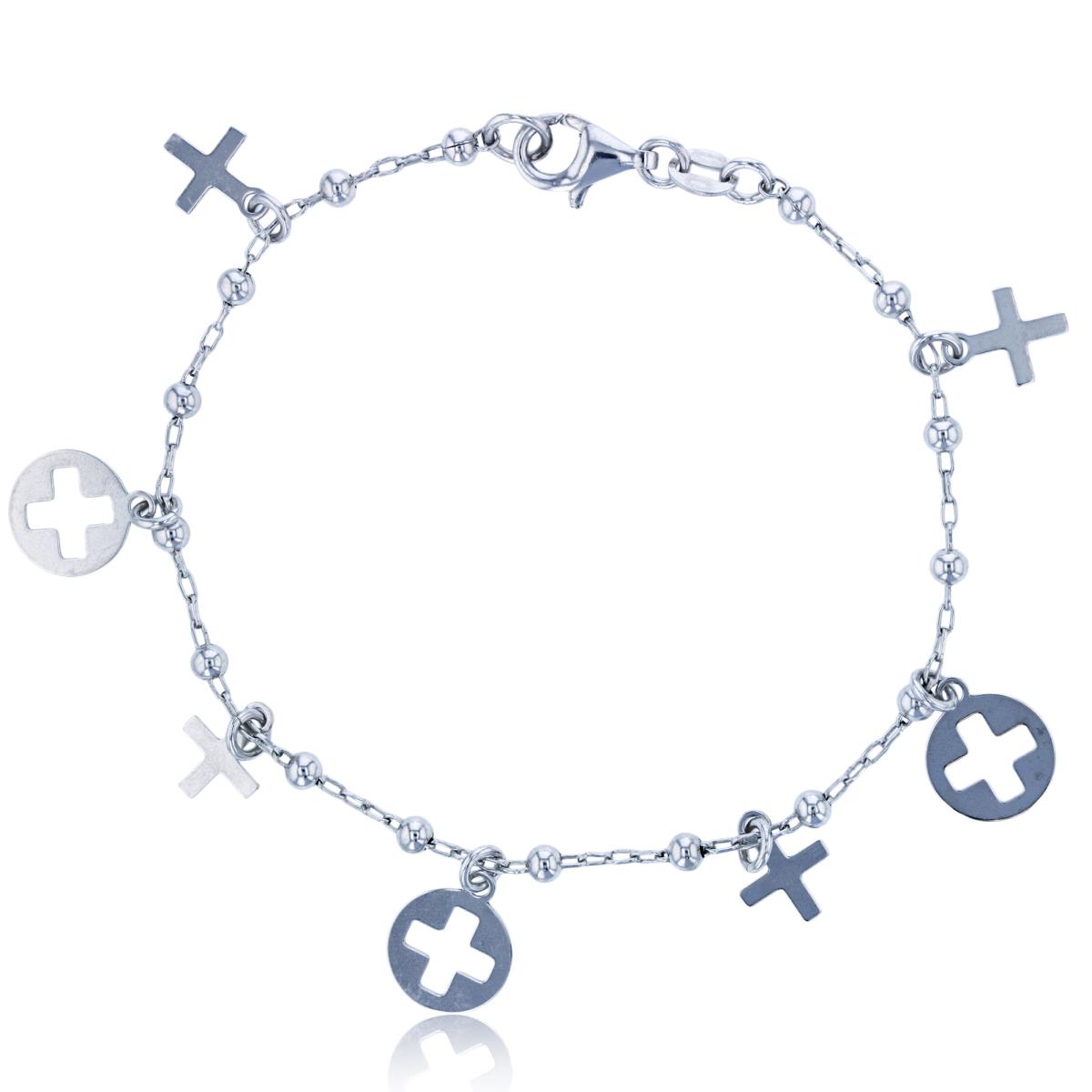 Sterling Silver Rhodium 3mm Beads Dngl Cross Cuotout/ Cross 7.5" Bracelet