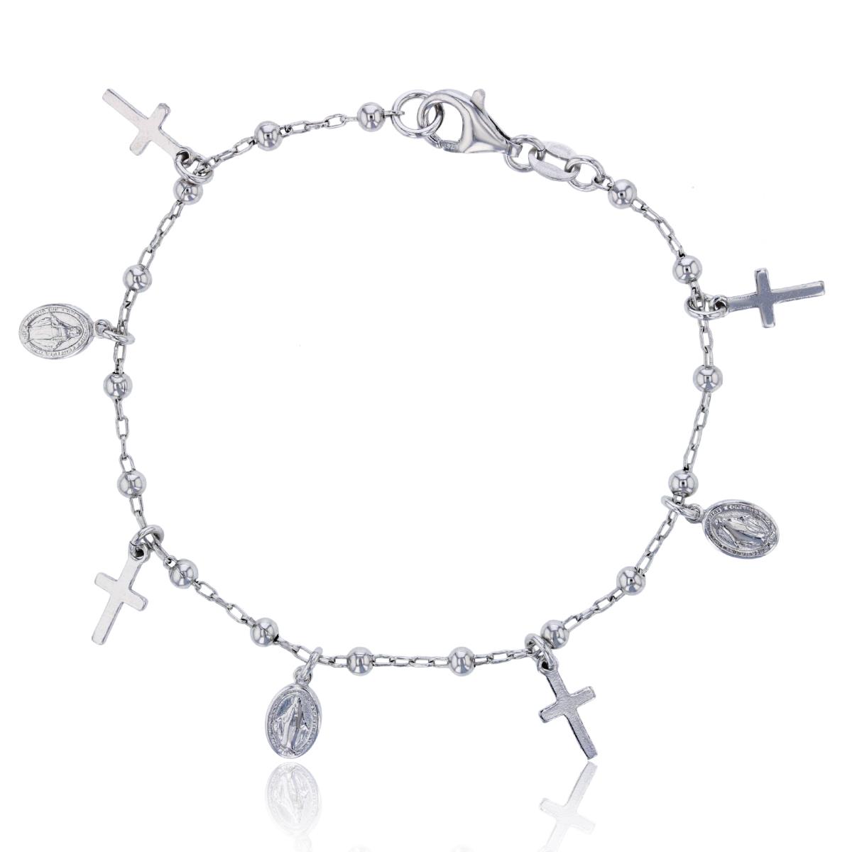 Sterling Silver Rhodium 3mm Beads Dngl Cross/ Virgin Mary 7.25" Bracelet