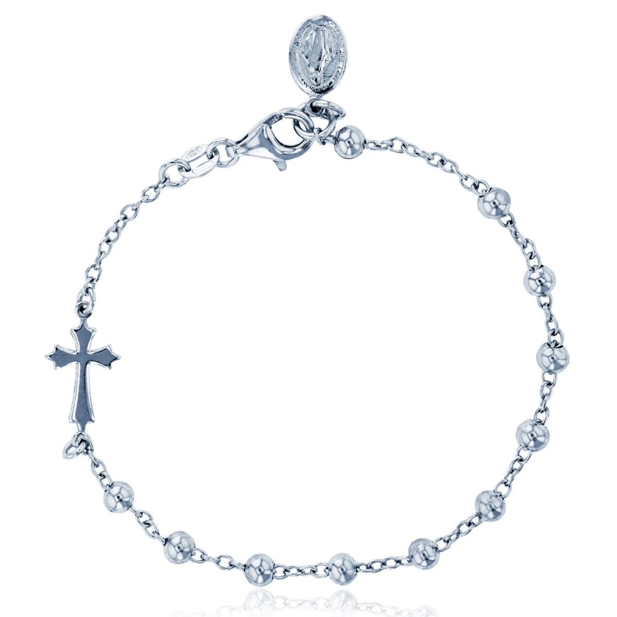 Sterling Silver Rhodium 4mm Beads Cross 7.5 Bracelet with Dangling Virgin Mary